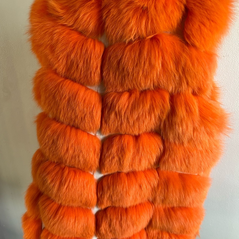 Vibrant Orange Real Fur Vest with Hat